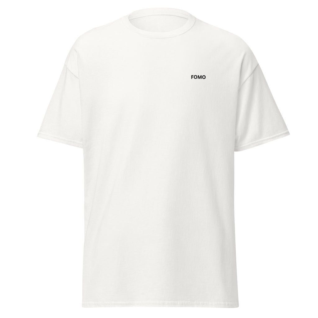 Weißes Unisex FOMO T‑Shirt für Trader, Investoren und Krypto-Fans